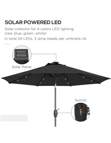 Outsunny Garden Parasol with Solar LED Lights, Tilt Sun Umbrella, Outdoor Patio Shade, 24 LED, Hand Crank, 8 Ribs, 2.7m, Black 8