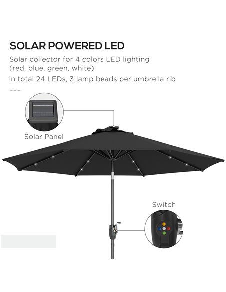 Outsunny Garden Parasol with Solar LED Lights, Tilt Sun Umbrella, Outdoor Patio Shade, 24 LED, Hand Crank, 8 Ribs, 2.7m, Black 8 - pic 55102 | FastDaddyshop