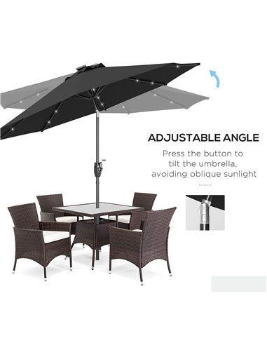 Outsunny Garden Parasol with Solar LED Lights, Tilt Sun Umbrella, Outdoor Patio Shade, 24 LED, Hand Crank, 8 Ribs, 2.7m, Black 8