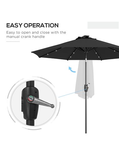 Outsunny Garden Parasol with Solar LED Lights, Tilt Sun Umbrella, Outdoor Patio Shade, 24 LED, Hand Crank, 8 Ribs, 2.7m, Black 8