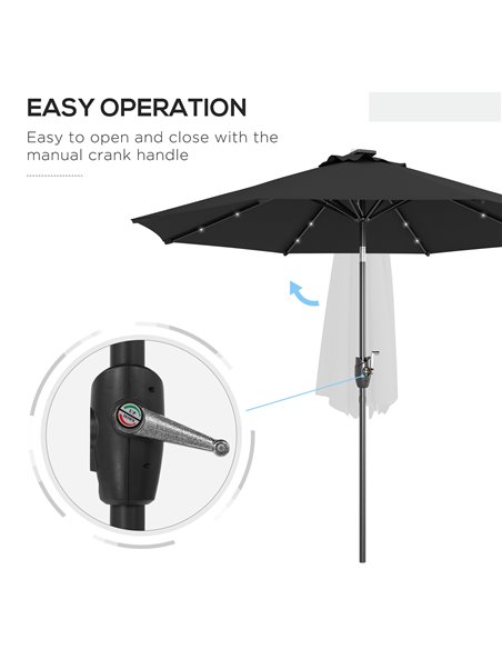 Outsunny Garden Parasol with Solar LED Lights, Tilt Sun Umbrella, Outdoor Patio Shade, 24 LED, Hand Crank, 8 Ribs, 2.7m, Black 8 - pic 55104 | FastDaddyshop