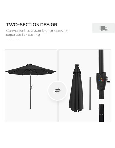 Outsunny Garden Parasol with Solar LED Lights, Tilt Sun Umbrella, Outdoor Patio Shade, 24 LED, Hand Crank, 8 Ribs, 2.7m, Black 8
