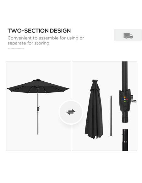Outsunny Garden Parasol with Solar LED Lights, Tilt Sun Umbrella, Outdoor Patio Shade, 24 LED, Hand Crank, 8 Ribs, 2.7m, Black 8 - pic 55105 | FastDaddyshop