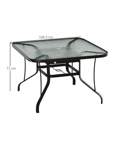 Outsunny Garden Dining Table, Square, Outdoor, with Parasol Hole, Tempered Glass Top, Steel Frame, Black. 84B-774