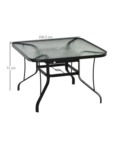Outsunny Garden Dining Table, Square, Outdoor, with Parasol Hole, Tempered Glass Top, Steel Frame, Black. 84B-774 - pic 55118 | FastDaddyshop