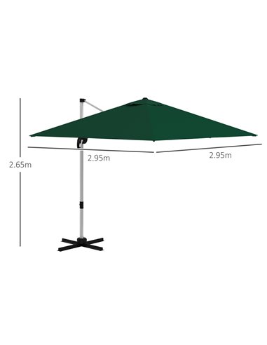Outsunny Square Cantilever Parasol, 3x3m, with Cross Base, Crank Handle, Tilt, 360° Rotation, Aluminium Frame, Green 84D-086V02D