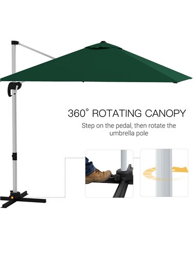 Outsunny Square Cantilever Parasol, 3x3m, with Cross Base, Crank Handle, Tilt, 360° Rotation, Aluminium Frame, Green 84D-086V02D