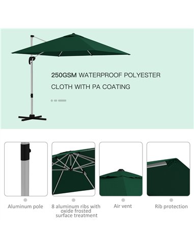 Outsunny Square Cantilever Parasol, 3x3m, with Cross Base, Crank Handle, Tilt, 360° Rotation, Aluminium Frame, Green 84D-086V02D