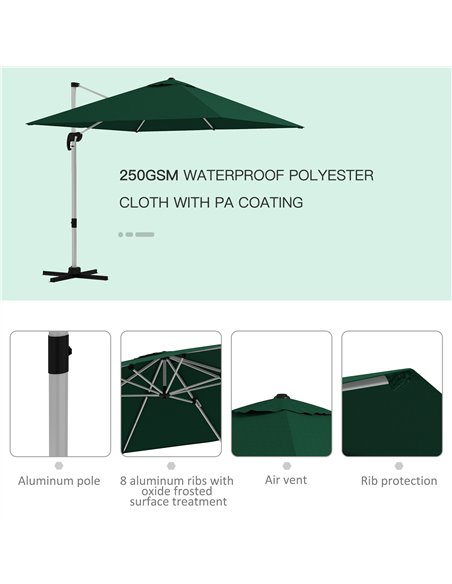 Outsunny Square Cantilever Parasol, 3x3m, with Cross Base, Crank Handle, Tilt, 360° Rotation, Aluminium Frame, Green 84D-086V02D - pic 55130 | FastDaddyshop