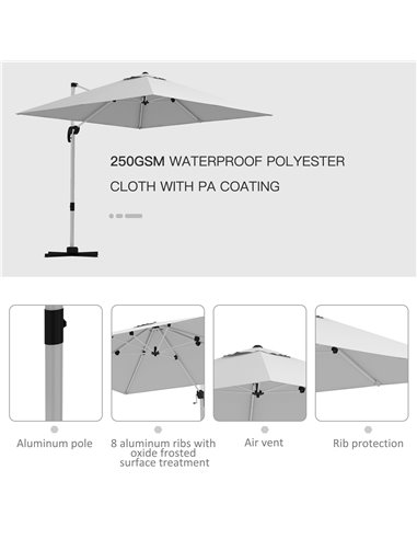 Outsunny 3 x 3(m) Square Cantilever Parasol with Cross Base, Crank Handle, Tilt, 360° Rotation and Aluminium Frame, White 84D-08