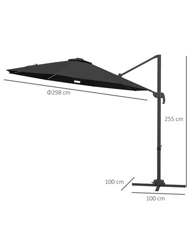 Outsunny 3(m) LED Cantilever Parasol Outdoor Sun Umbrella w/ Base Solar Lights Dark Grey 84D-104V01CG