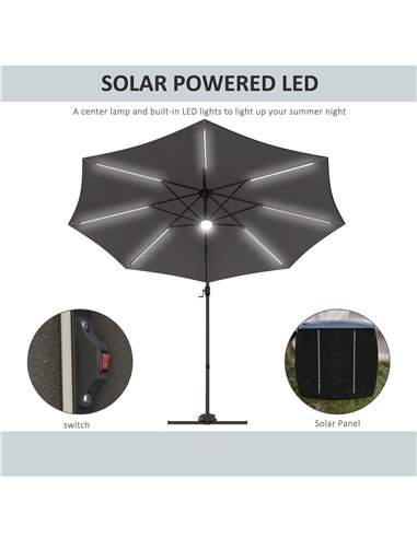 Outsunny 3(m) LED Cantilever Parasol Outdoor Sun Umbrella w/ Base Solar Lights Dark Grey 84D-104V01CG