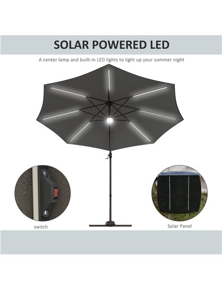 Outsunny 3(m) LED Cantilever Parasol Outdoor Sun Umbrella w/ Base Solar Lights Dark Grey 84D-104V01CG - pic 55146 | FastDaddyshop