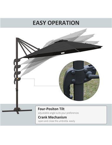 Outsunny 3(m) LED Cantilever Parasol Outdoor Sun Umbrella w/ Base Solar Lights Dark Grey 84D-104V01CG
