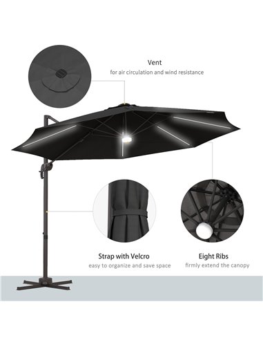 Outsunny 3(m) LED Cantilever Parasol Outdoor Sun Umbrella w/ Base Solar Lights Dark Grey 84D-104V01CG