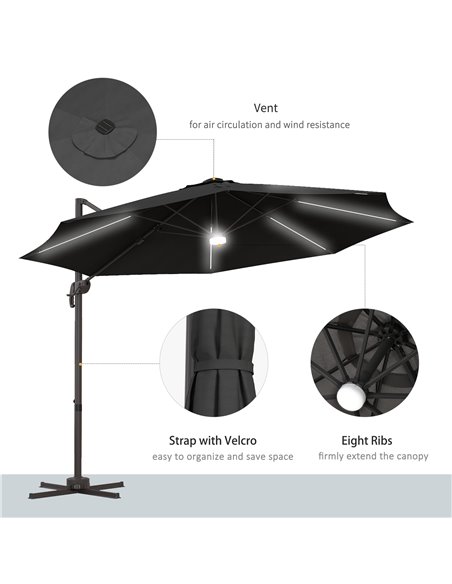 Outsunny 3(m) LED Cantilever Parasol Outdoor Sun Umbrella w/ Base Solar Lights Dark Grey 84D-104V01CG - pic 55149 | FastDaddyshop