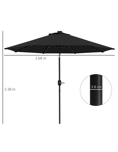 Outsunny 2.7m Outdoor Patio Garden Umbrella Parasol with Tilt Crank and 24 LEDs Lights, Black 84D-018V00BK