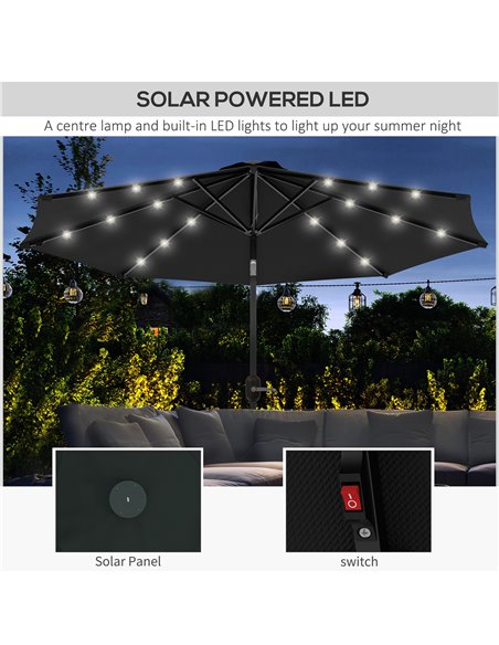 Outsunny 2.7m Outdoor Patio Garden Umbrella Parasol with Tilt Crank and 24 LEDs Lights, Black 84D-018V00BK - pic 55155 | FastDaddyshop