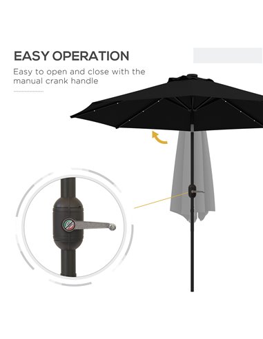 Outsunny 2.7m Outdoor Patio Garden Umbrella Parasol with Tilt Crank and 24 LEDs Lights, Black 84D-018V00BK