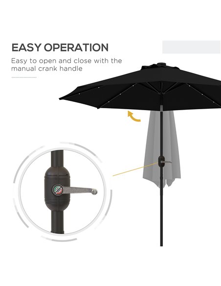Outsunny 2.7m Outdoor Patio Garden Umbrella Parasol with Tilt Crank and 24 LEDs Lights, Black 84D-018V00BK - pic 55158 | FastDaddyshop