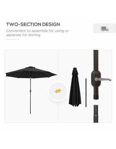 Outsunny 2.7m Outdoor Patio Garden Umbrella Parasol with Tilt Crank and 24 LEDs Lights, Black 84D-018V00BK
