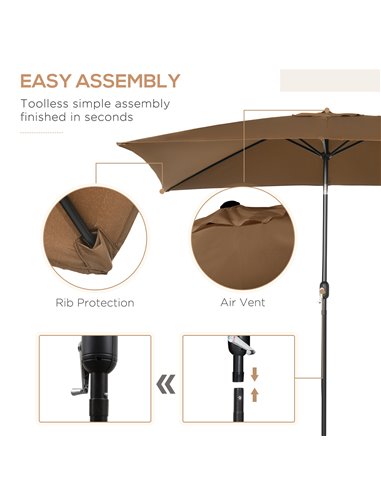 Outsunny 3x2m Garden Parasol Umbrella Outdoor Sun Shade Canopy with Tilt and Crank, Aluminium Frame Rectangular, Brown 84D-036V0