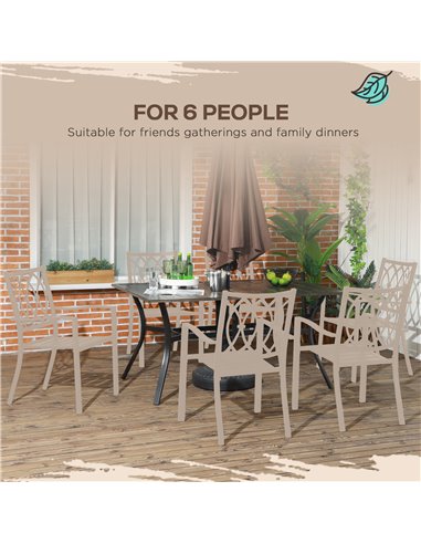 Outsunny Six-Seater Steel Garden Table, with ⌀41mm Parasol Hole - Wood-Effect 84G-440V00BN