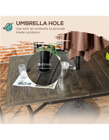 Outsunny Six-Seater Steel Garden Table, with ⌀41mm Parasol Hole - Wood-Effect 84G-440V00BN