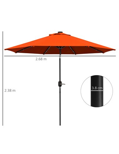 Outsunny 2.7m Outdoor Patio Garden Umbrella Parasol with Tilt Crank and 24 LEDs Lights, Orange 84D-018V00OG