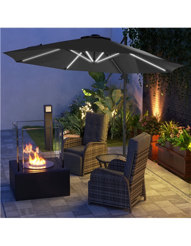 Outsunny 3(m) Adjustable Cantilever Parasol with Base, Solar LED Lights, Dark Grey 84D-110V03CG