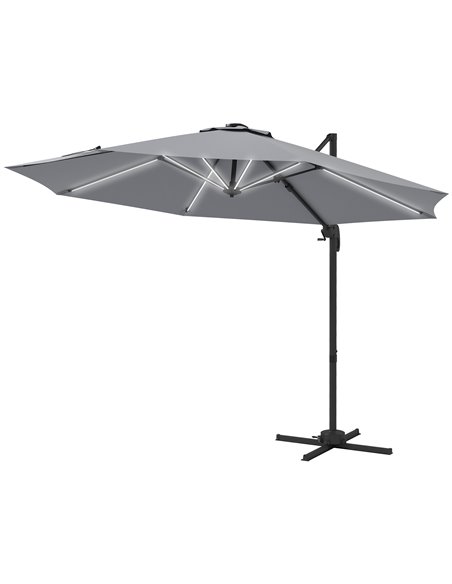 Outsunny 3(m) Adjustable Cantilever Parasol with Base, Solar LED Lights, Light Grey 84D-110V03LG - pic 55206 | FastDaddyshop