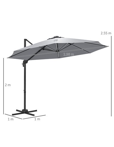 Outsunny 3(m) Adjustable Cantilever Parasol with Base, Solar LED Lights, Light Grey 84D-110V03LG