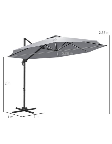 Outsunny 3(m) Adjustable Cantilever Parasol with Base, Solar LED Lights, Light Grey 84D-110V03LG - pic 55208 | FastDaddyshop