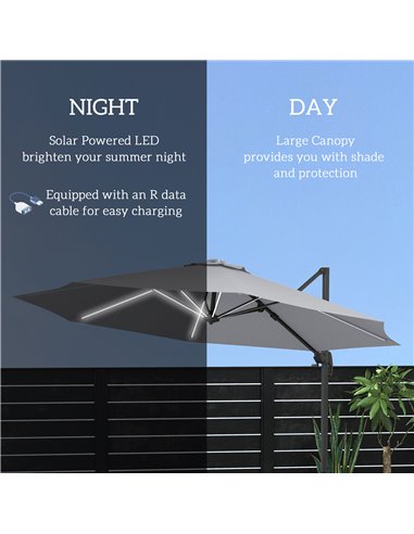 Outsunny 3(m) Adjustable Cantilever Parasol with Base, Solar LED Lights, Light Grey 84D-110V03LG