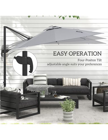 Outsunny 3(m) Adjustable Cantilever Parasol with Base, Solar LED Lights, Light Grey 84D-110V03LG