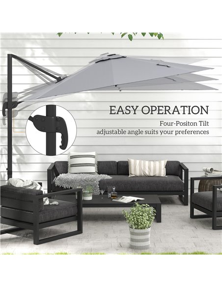 Outsunny 3(m) Adjustable Cantilever Parasol with Base, Solar LED Lights, Light Grey 84D-110V03LG - pic 55210 | FastDaddyshop