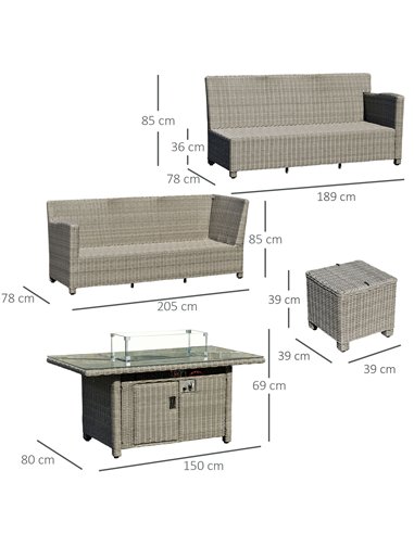 Outsunny 8-Seater Outdoor PE Rattan Sofa Set Conversation Set w/ Fire Pit Table, L-Shape Sofa, Footstool, Olefin Cushions and Fu