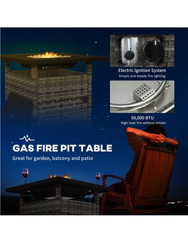 Outsunny Outdoor PE Rattan Fire Pits for Garden, 50,000 BTU Propane Fire Pit Table with Glass Wind Guard, Mixed Grey 867-209V70G