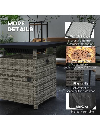 Outsunny Outdoor PE Rattan Fire Pits for Garden, 50,000 BTU Propane Fire Pit Table with Glass Wind Guard, Mixed Grey 867-209V70G