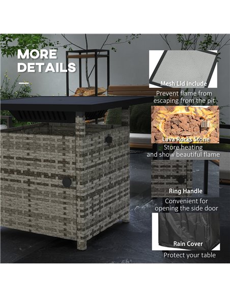 Outsunny Outdoor PE Rattan Fire Pits for Garden, 50,000 BTU Propane Fire Pit Table with Glass Wind Guard, Mixed Grey 867-209V70G - pic 55292 | FastDaddyshop