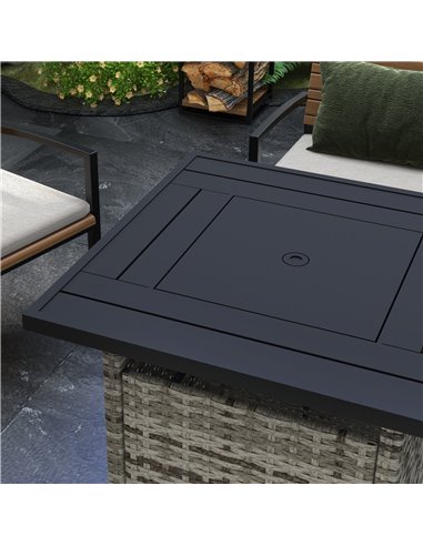 Outsunny Outdoor PE Rattan Fire Pits for Garden, 50,000 BTU Propane Fire Pit Table with Glass Wind Guard, Mixed Grey 867-209V70G