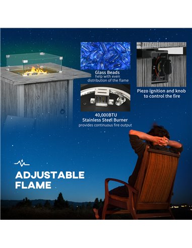 Outsunny 50,000 BTU Gas Fire Pit Table with Cover, Glass Screen and Glass Beads, Grey 842-345V70GY