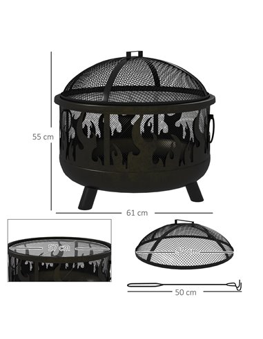 Outsunny Metal Firepit Bowl, 2-In-1 Outdoor Round Fire Pit with Lid, Grill, Poker, Handles for Camping, BBQ, Bonfire, Wood Burni