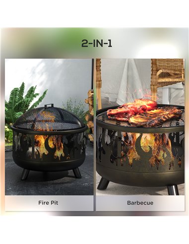Outsunny Metal Firepit Bowl, 2-In-1 Outdoor Round Fire Pit with Lid, Grill, Poker, Handles for Camping, BBQ, Bonfire, Wood Burni