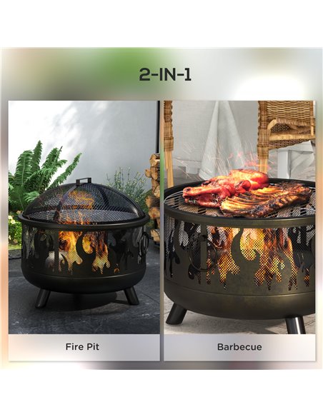 Outsunny Metal Firepit Bowl, 2-In-1 Outdoor Round Fire Pit with Lid, Grill, Poker, Handles for Camping, BBQ, Bonfire, Wood Burni - pic 55317 | FastDaddyshop