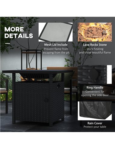 Outsunny Rattan Garden Fire Pit, 50,000 BTU Propane Fire Table with Glass Wind Guard, Black 867-209V70BK