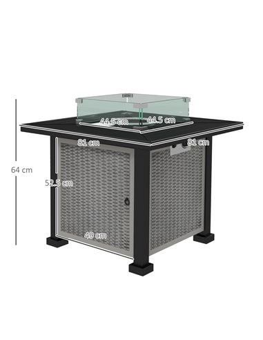 Outsunny Square Gas Fire Pit Table, Rattan Smokeless Fire Pit with Glass Screen and Beads, Lid, 50000 BTU, 81x81x64cm, Grey 842-