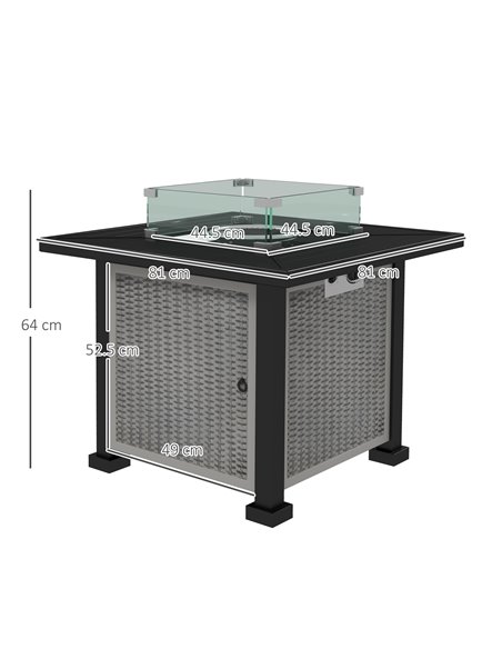 Outsunny Square Gas Fire Pit Table, Rattan Smokeless Fire Pit with Glass Screen and Beads, Lid, 50000 BTU, 81x81x64cm, Grey 842- - pic 55343 | FastDaddyshop