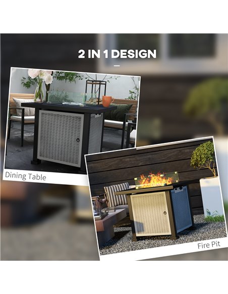 Outsunny Square Gas Fire Pit Table, Rattan Smokeless Fire Pit with Glass Screen and Beads, Lid, 50000 BTU, 81x81x64cm, Grey 842- - pic 55344 | FastDaddyshop