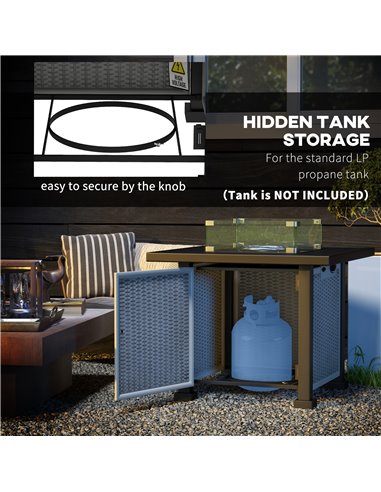Outsunny Square Gas Fire Pit Table, Rattan Smokeless Fire Pit with Glass Screen and Beads, Lid, 50000 BTU, 81x81x64cm, Grey 842-